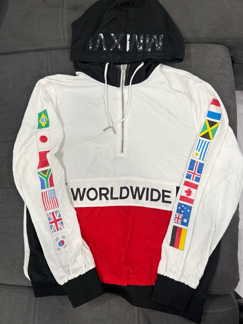 Forever 21 White/Black/Red Men's 'WORLDWIDE' Flag-Detail Windbreaker